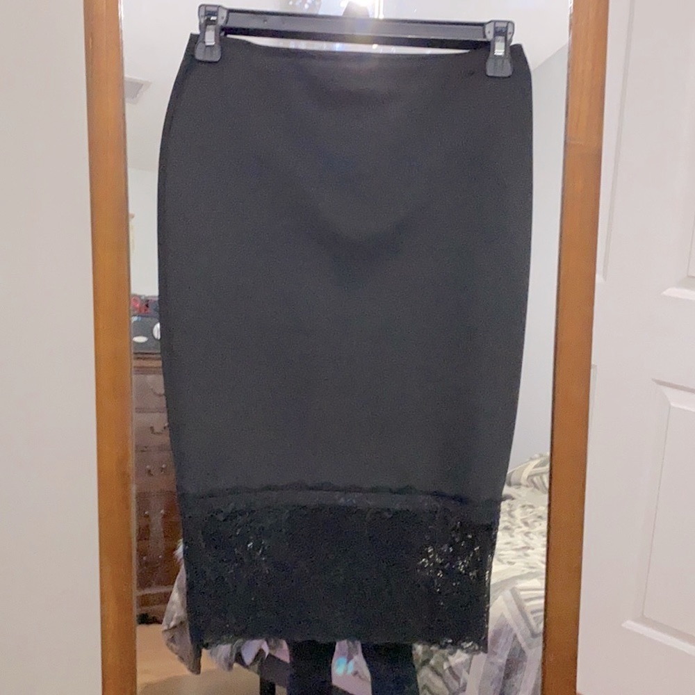 Material Girl Black Pencil Skirt with Lace Hem